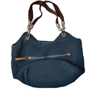 The Sak Vintage Crochet Shoulder Bag Boho Hippie Braided Handles Pockets Navy